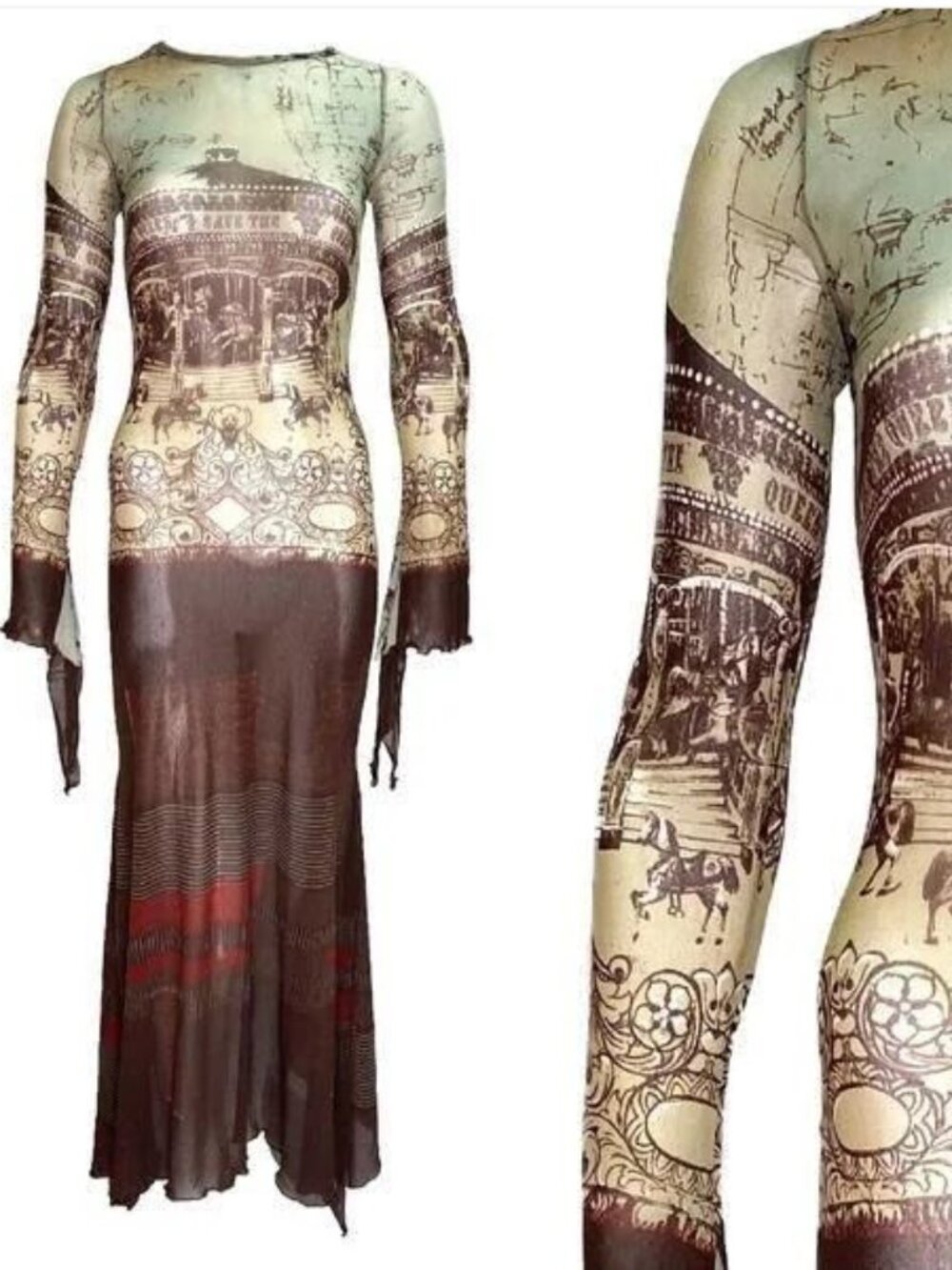 SAVE THE QUEEN 2000's CAROUSEL PRINT LONG SLEEVE MESH VINTAGE Y2K MAXI DRESS